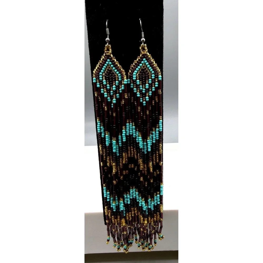 Handmade Seed Bead Fringe Earrings Turquoise Gold Dark Purple Chevron Boho 8.25
